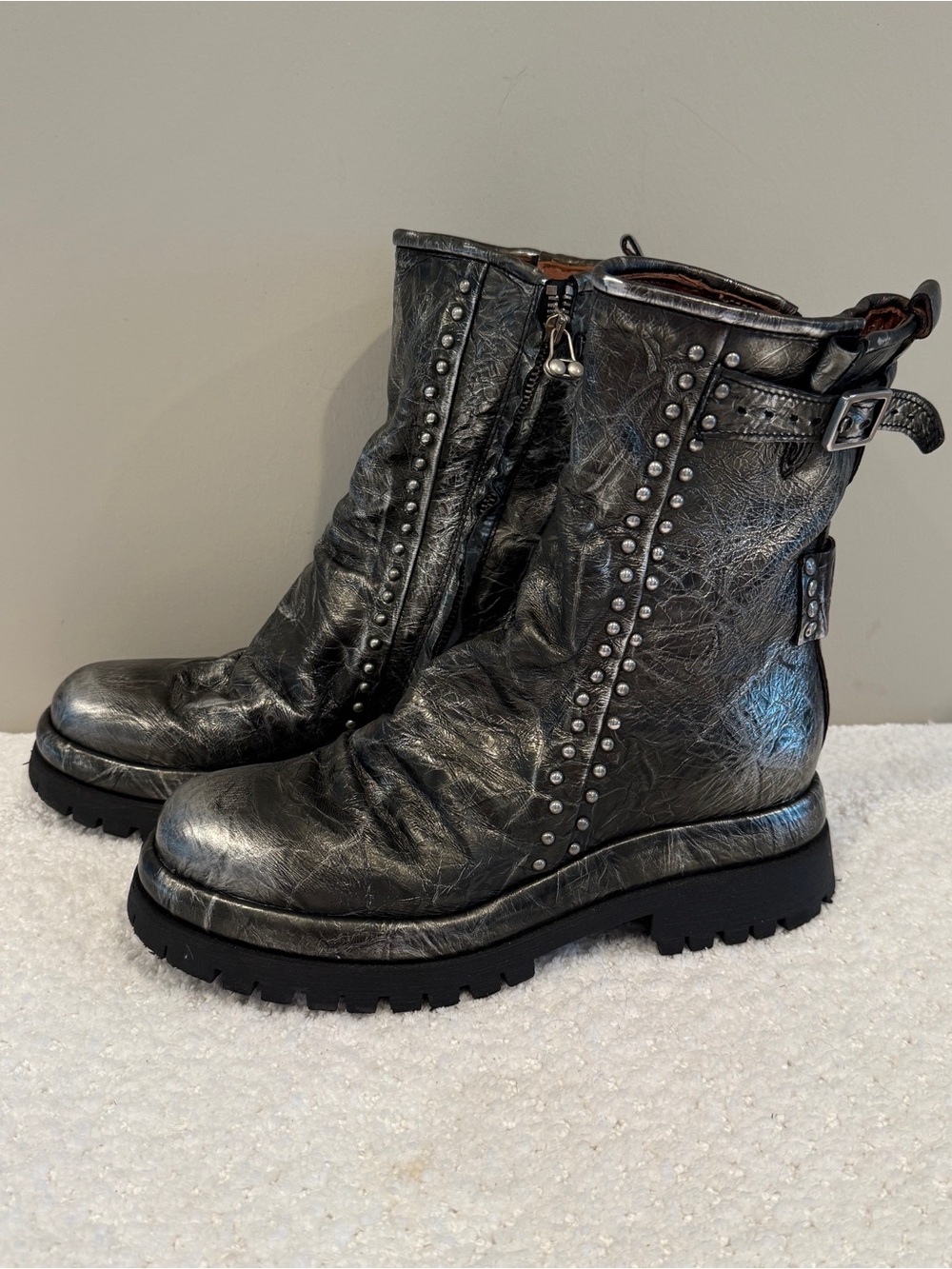 A.S.98 Duke Studded Leather Moto Boots | Metallic Pewter | EU 40